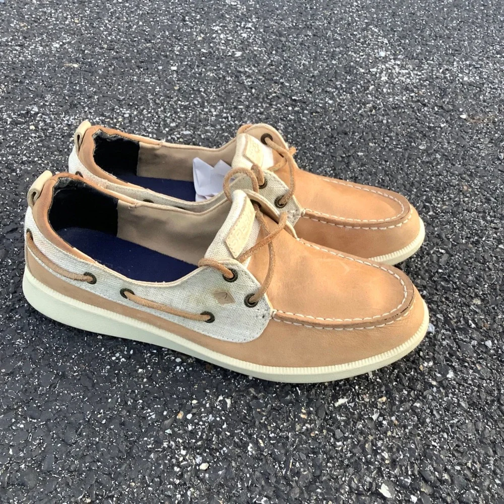 Sperry Top-Sider Womens Boat Shoes Tan Leather Canvas STS81857 Size 8.5